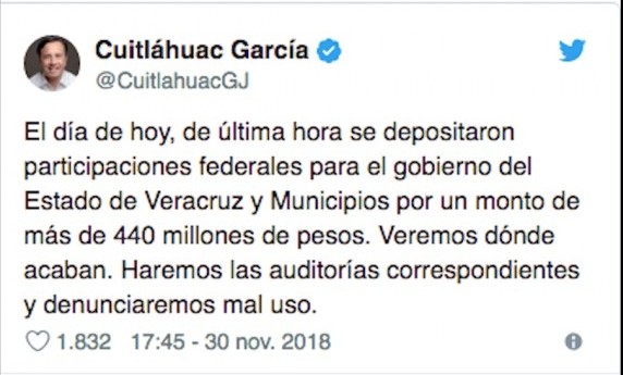 Se depositaron participaciones federales de 440 mdp para Veracruz, de última hora: Cuitláhuac