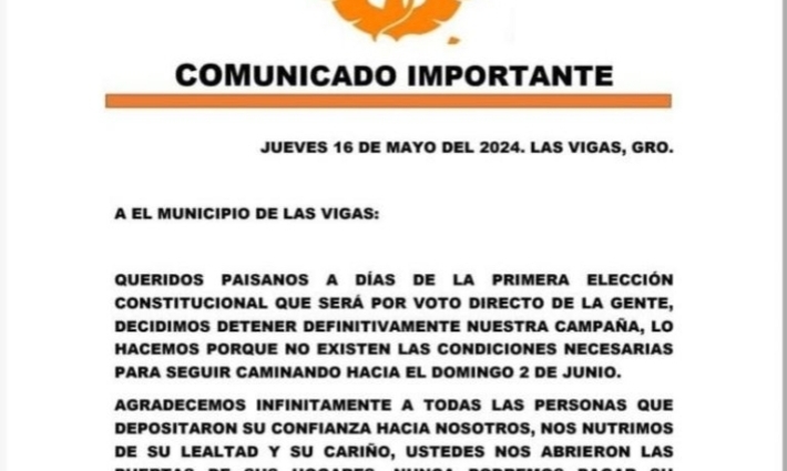 Abandona MC campaña en Costa Chica ante falta de condiciones de seguridad